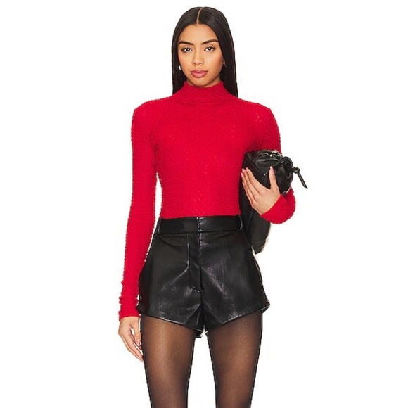 🌻NEW w/o tags FRAME Cherry Red Mesh Stretch Lace Turtleneck Top Size Medium - Picture 1 of 13